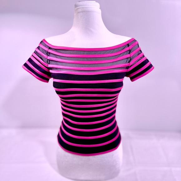 💗 Black Mesh/Pink Satin Striped Top • JS Collections - Picture 7 of 16